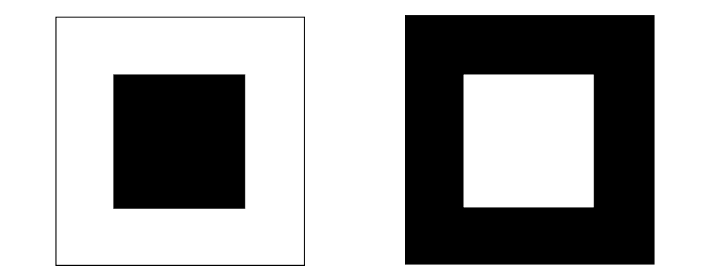 Two black and white squares with another square in the center of each of the opposite colour