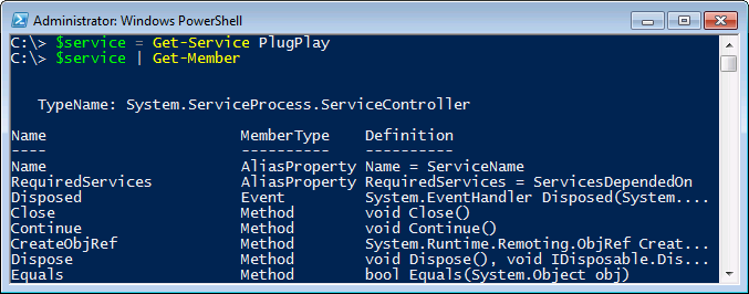 Output equivalent to the output of 'Get-Service | Get-Member'